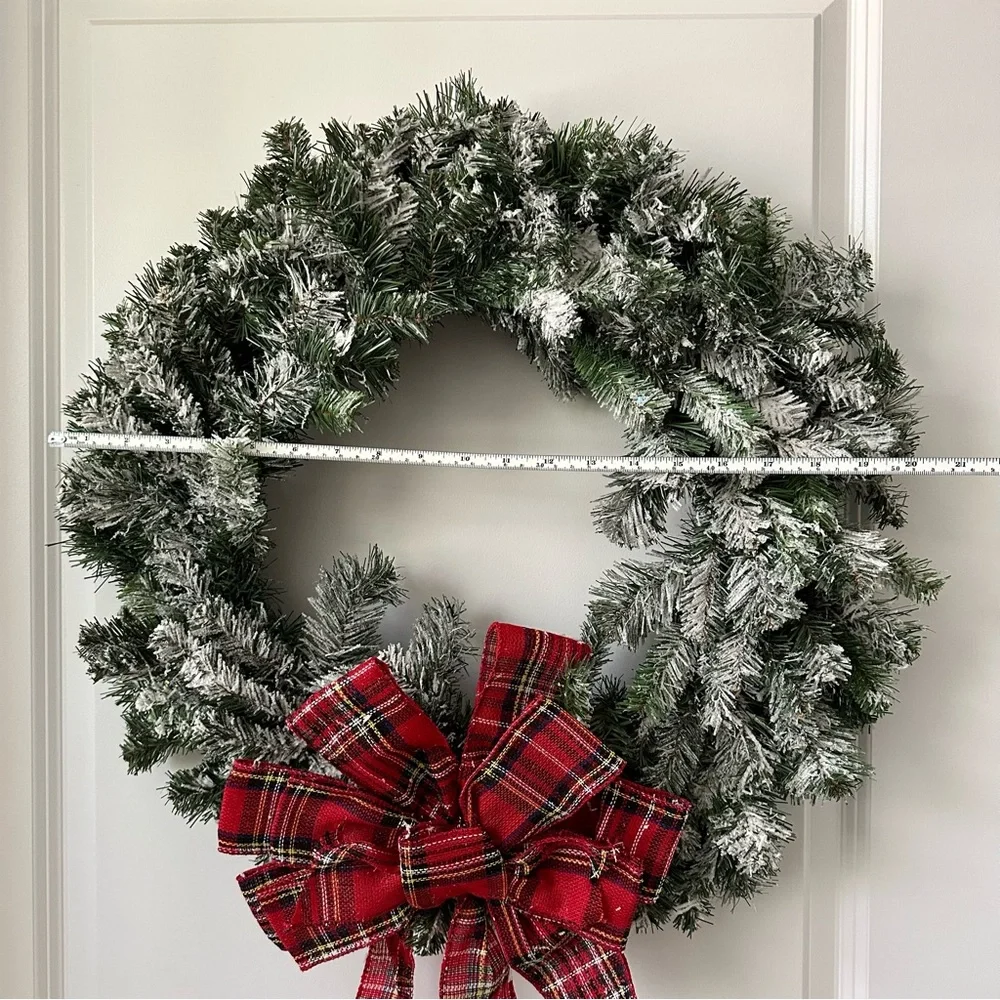 Holiday Christmas Snow Flocked Wreath With Tartan Red Plaid Bow